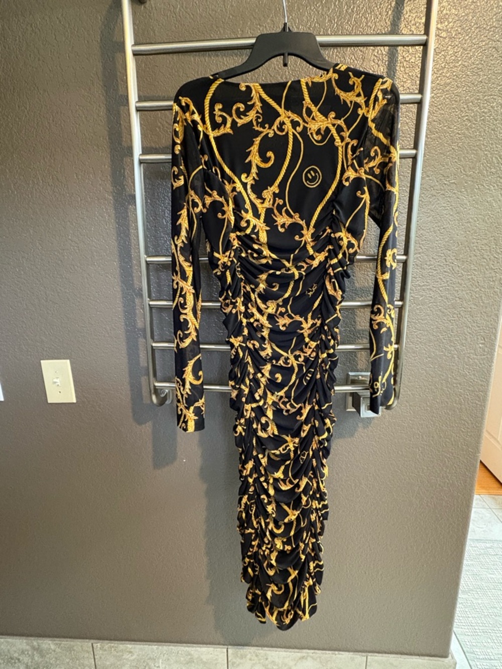 Ganni Black & Gold Ruched Baroque-Print Long Sleeve Dress - Picture 2 of 4